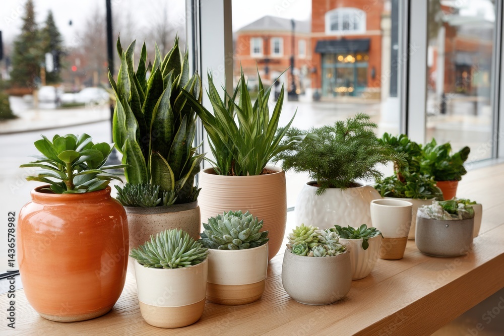 Fototapeta premium Indoor garden display featuring a variety of potted plants on a wooden shelf beside a large window
