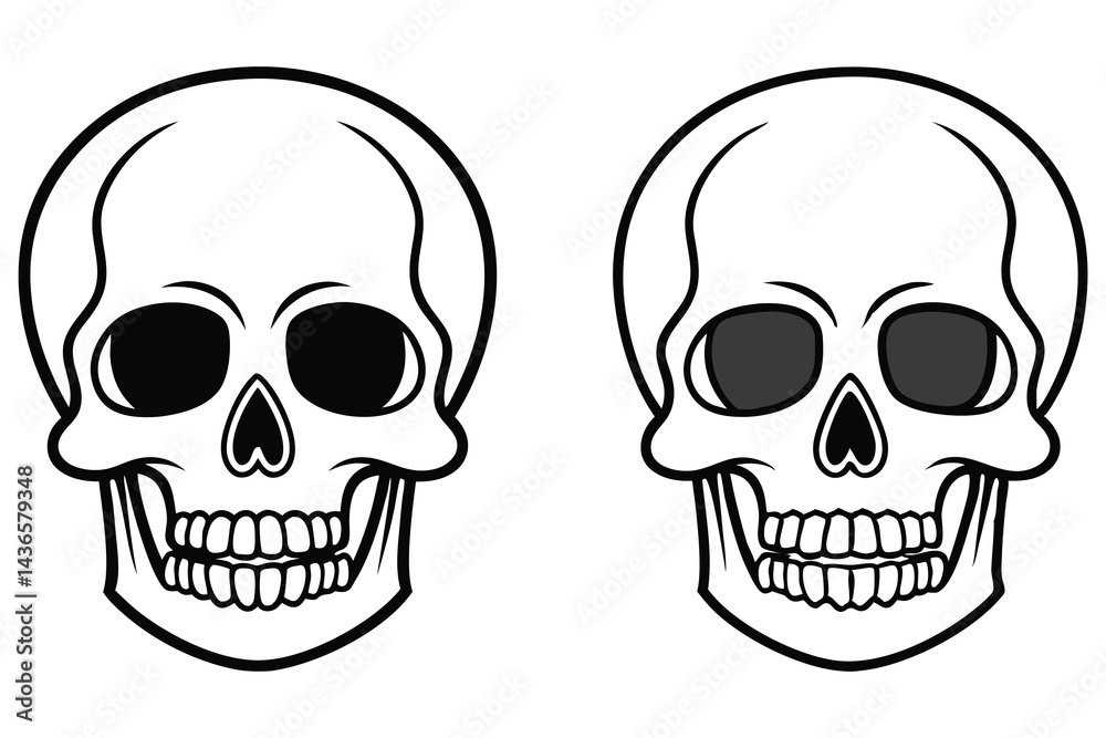 Two Anatomical Skull Sketches with Outline, Black Eyes on Transparent Background Two Anatomical Skull Sketches with Outline, Black Eyes on Transparent Background