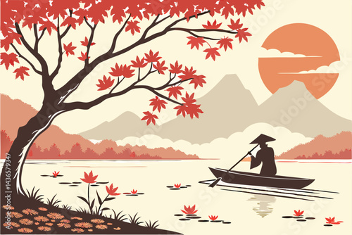 92 Japanese landscape, tranquil lake, vibrant red maple tree, silhouette of person in conical hat, rowing boat, lotus flowers, misty mountains, large setting sun, orange sky, reflections on water, min