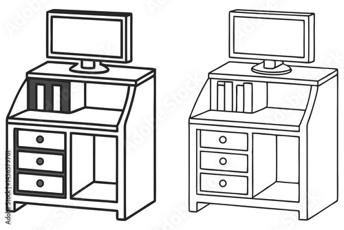 Line art of desk featuring monitor, drawers and books. Outline drawing vectors