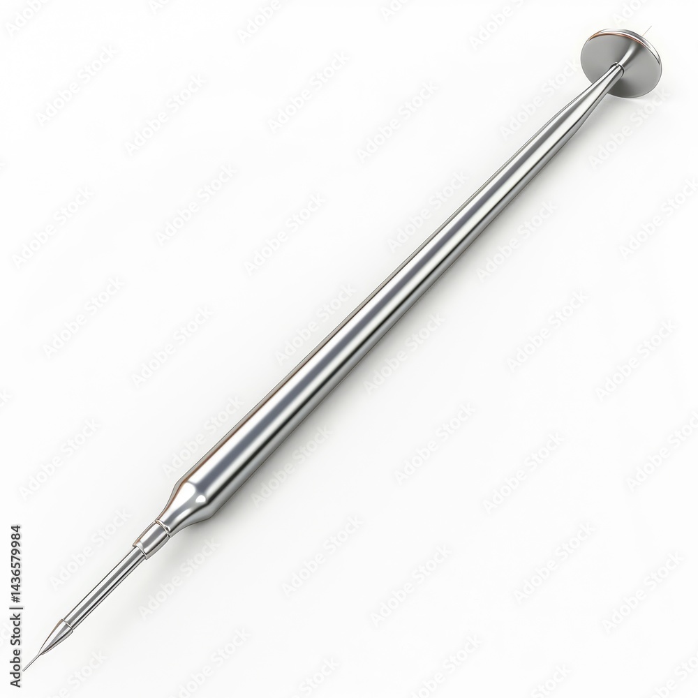 Precision metal tool with a pointed tip and circular head. Precision metal tool with a pointed tip and circular head.