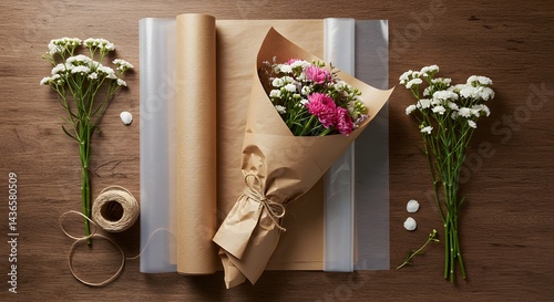 Crafting a Floral Masterpiece: Pink Asters and Gypsophila Bouquet with Rustic Wrapping Materials on Dark Wood Surface - Perfect for Gift Giving and Special Occasions