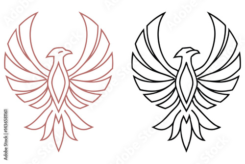 Two outlined phoenix birds flying up in rose and black with wings spread out