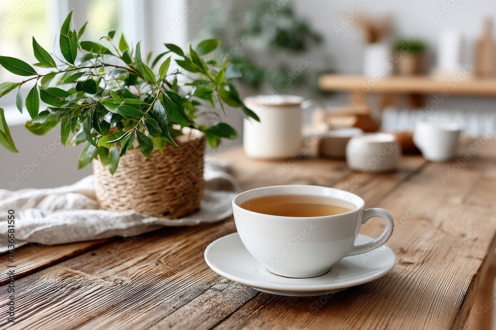 Fototapeta premium Cozy indoor setting with a cup of tea, greenery, and wooden table in a modern aesthetic