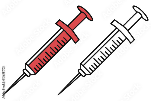Syringe with Red Liquid and Needle Outline on White Background