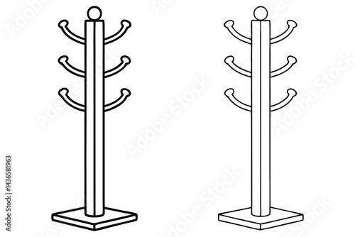 Two outlined coat racks with multiple hooks and square base on transparent background