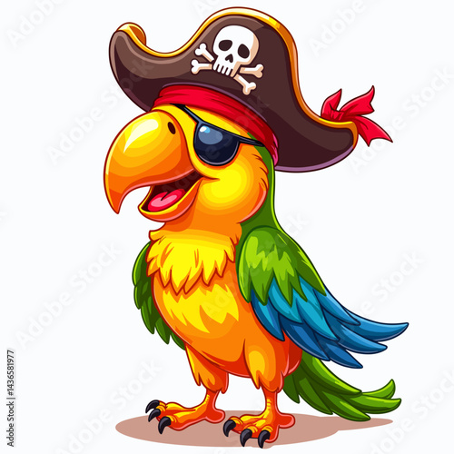 Funny pirate parrot wearing an eyepatch and pirate hat, standing proudly