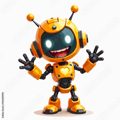 Tiny robot boy with antennas and glowing heart symbol