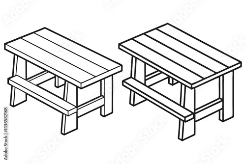 Two monochrome picnic tables with plank tops outlined on white background
