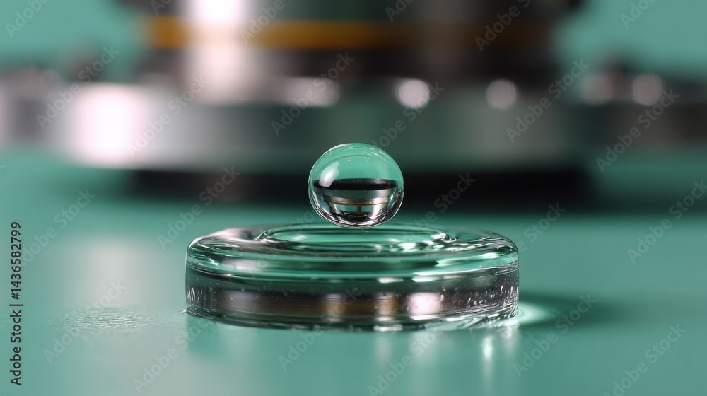 High-speed macro capture of levitating transparent droplet above a glass surface with scientific laboratory equipment in the background ideal for futuristic science visuals and technology branding High-speed macro capture of levitating transparent droplet above a glass surface with scientific laboratory equipment in the background ideal for futuristic science visuals and technology branding