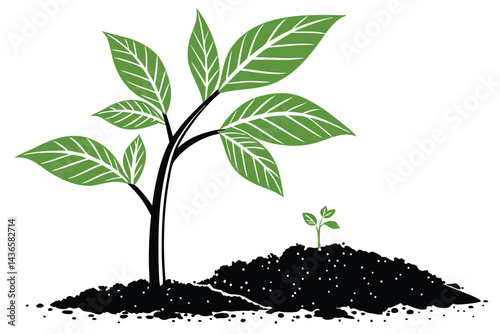 95 Green sapling, small plant, black soil, minimalist, clean background, growth concept, high contrast, vibrant green leaves, simple composition, studio lighting, macro photography, environmental symb