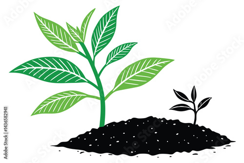 95 Green sapling, small plant, black soil, minimalist, clean background, growth concept, high contrast, vibrant green leaves, simple composition, studio lighting, macro photography, environmental symb