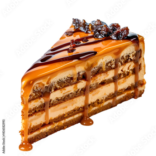 Delicious slice of salted caramel cake isolated on transparent background