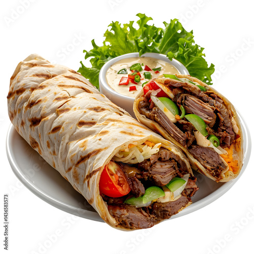 Delicious shawarma wrap cut in half isolated on transparent background