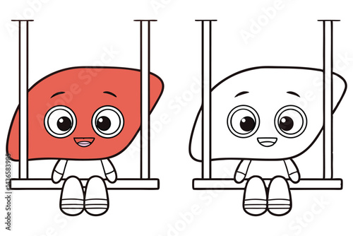 Smiling Cartoon Liver on Swing, Colored and Outline versions, isolated on white