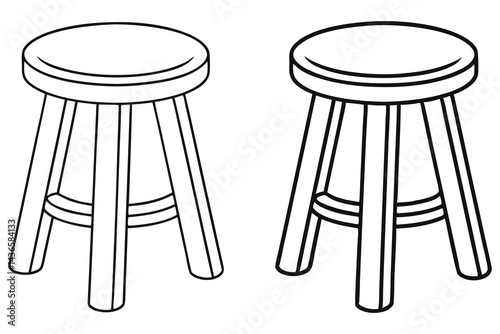 Outline drawing of two wooden stools with three legs on transparent background
