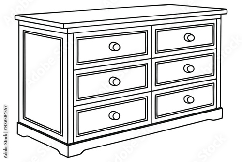 Line art of white dresser with six drawers and circular knobs on transparent background