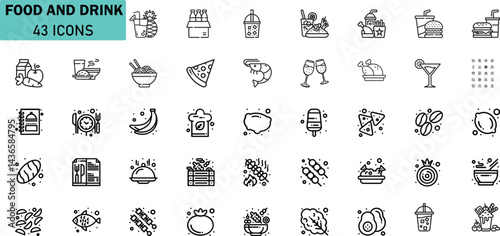 Food and Drink Icons Vector, Meal, Snack, Beverage, Fastfood, Fresh, Restaurant, Healthy, Cooking, Kitchen, Nutrition Line Icons Set