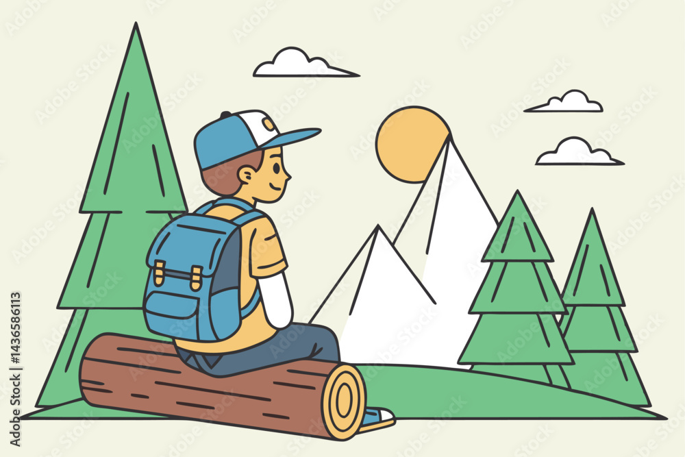 Obraz premium 97 Cartoon character, blue cap, backpack, sitting on log, mountain view, pine trees, snowy peaks, bright sun, minimalist style, 3D rendering, vibrant colors, outdoor adventure, back view, stylized lan