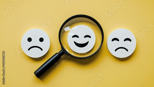 review satisfaction feedback survey concept to gather insights and improve its services. A magnifying glass and smile face among different feedback emoticons on yellow background 