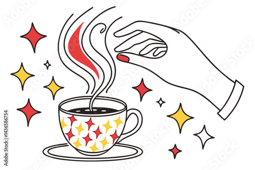 98 Coffee cup, steam hand shape, vibrant red and yellow sparkles, minimalist design, flat illustration, cheerful mood, energetic, white background, simple line art, playful concept, morning energy, co