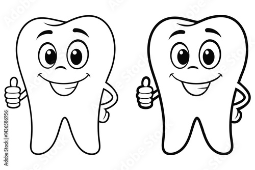 Outlined Cartoon Tooth Characters Giving Thumbs Up on White Background