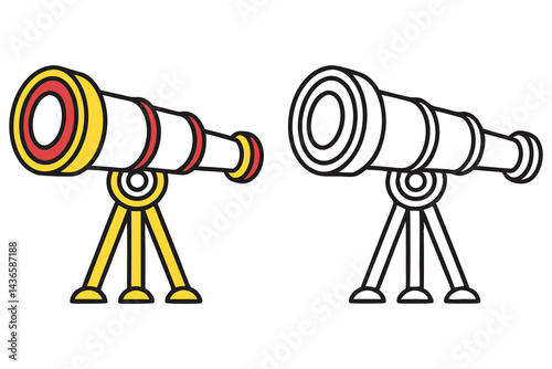 Standing Binoculars Outline Drawing, Binoculars on Tripod Illustration, Coloring Book
