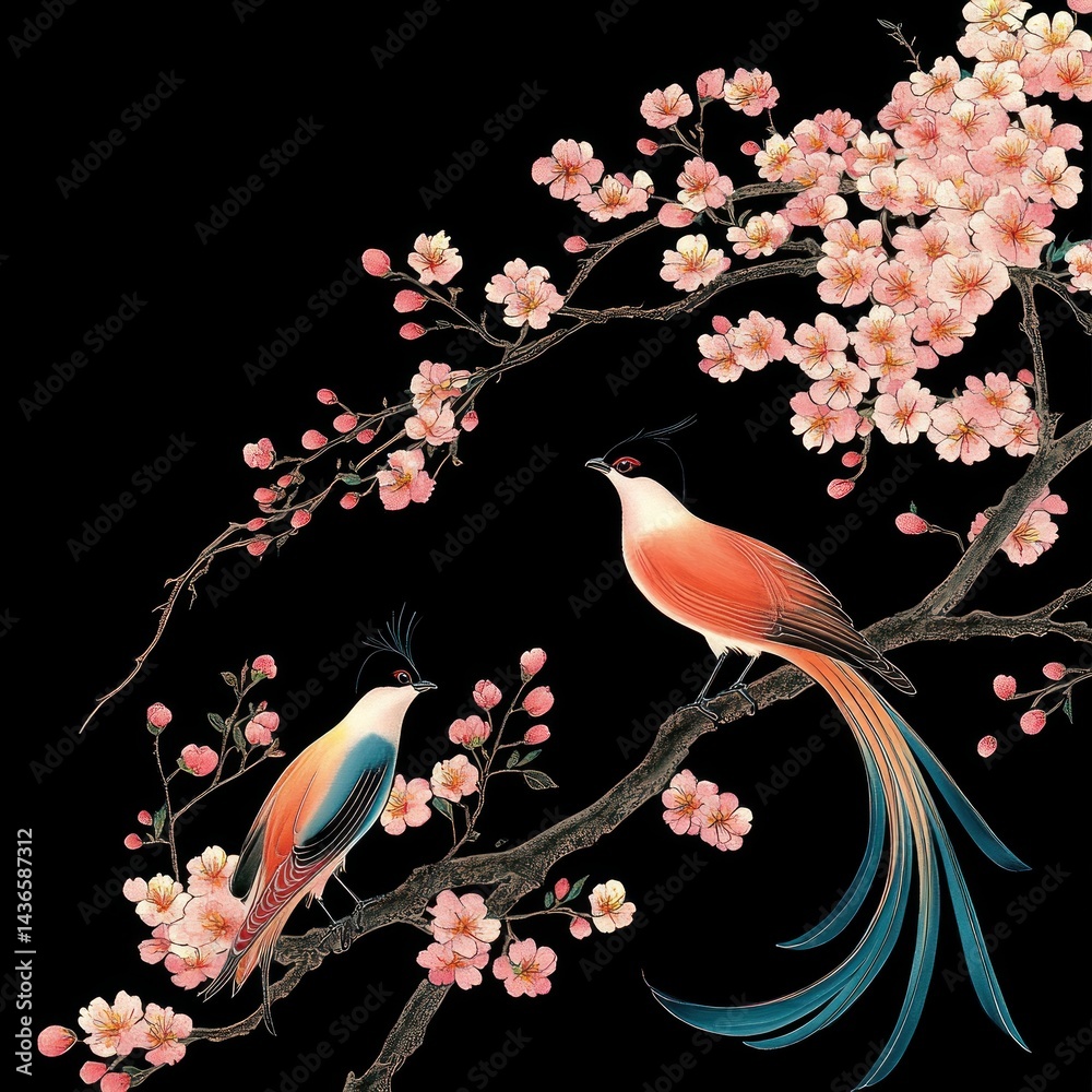 Fototapeta Birds on cherry blossom branch, Asian art, spring