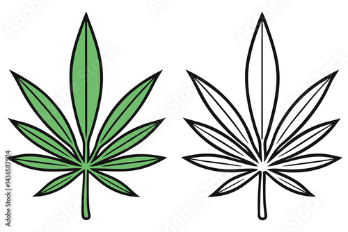 Weed Leaf with Green Color and Black Outline, Transparent Background