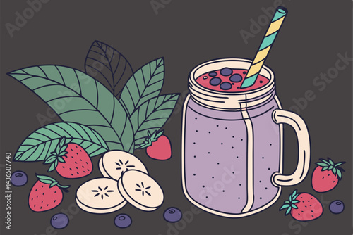 99 Vibrant purple smoothie, Glass mason jar, Fresh berries, Banana slices, Mint leaves, Chia seeds, Colorful paper straw, Dark background, High contrast, Macro photography, Healthy breakfast, Refreshi
