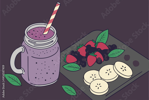 99 Vibrant purple smoothie, Glass mason jar, Fresh berries, Banana slices, Mint leaves, Chia seeds, Colorful paper straw, Dark background, High contrast, Macro photography, Healthy breakfast, Refreshi