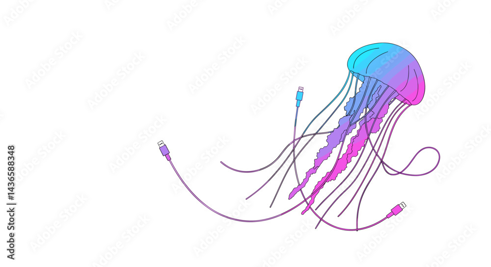 Fototapeta premium Jellyfish with USB cables in colorful digital art style