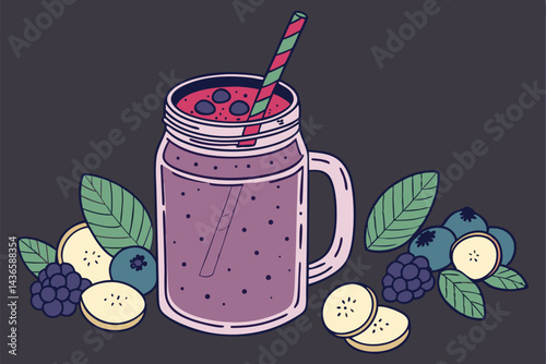 99 Vibrant purple smoothie, Glass mason jar, Fresh berries, Banana slices, Mint leaves, Chia seeds, Colorful paper straw, Dark background, High contrast, Macro photography, Healthy breakfast, Refreshi