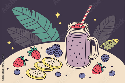 99 Vibrant purple smoothie, Glass mason jar, Fresh berries, Banana slices, Mint leaves, Chia seeds, Colorful paper straw, Dark background, High contrast, Macro photography, Healthy breakfast, Refreshi