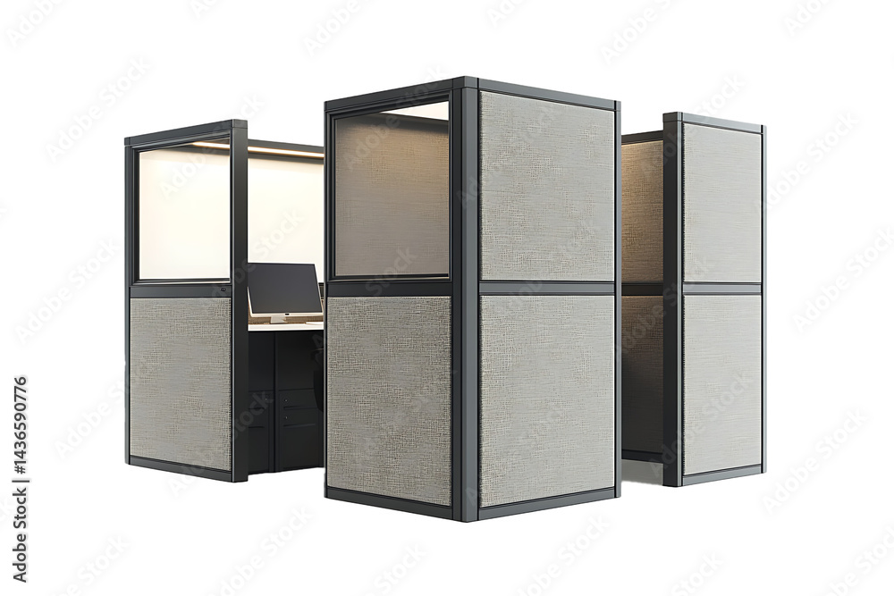 Modern Office Privacy Pods Beige Fabric Walls Illuminated Workspace Modern Office Privacy Pods Beige Fabric Walls Illuminated Workspace