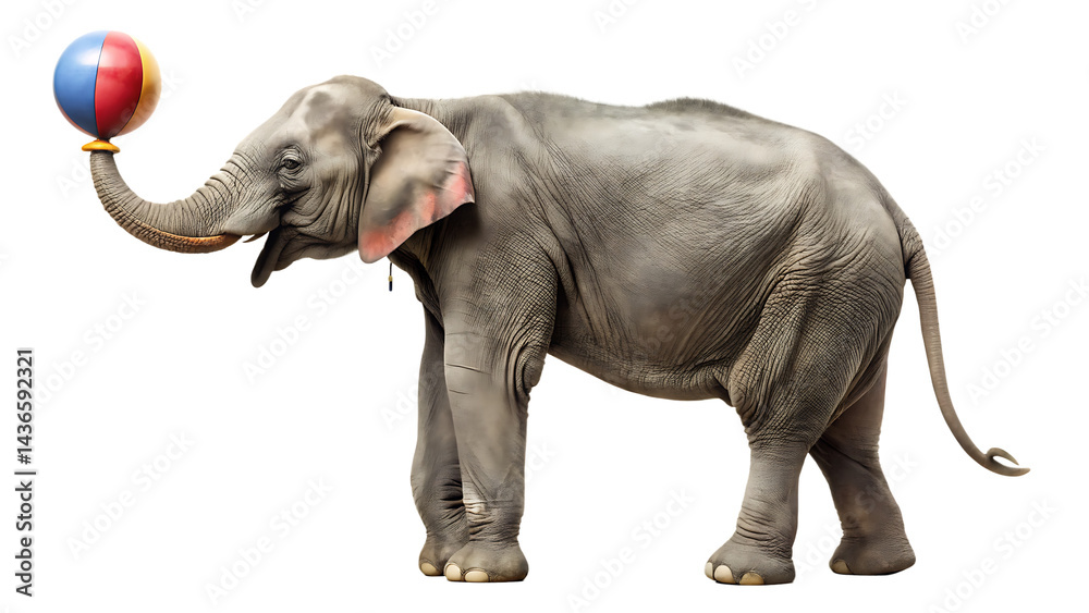 Obraz premium circus elephant balancing ball on trunk with isolated on white background PNG