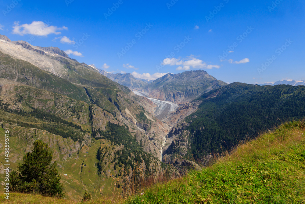 Fototapeta premium Scenic view on Great Aletsch Glacier in Valais canton, Switzerland. View from Belalp village