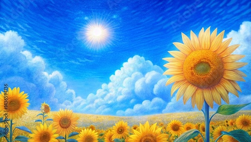 An endless sunflower field under a bright blue sky with fluffy white clouds, sun shining directly from above 