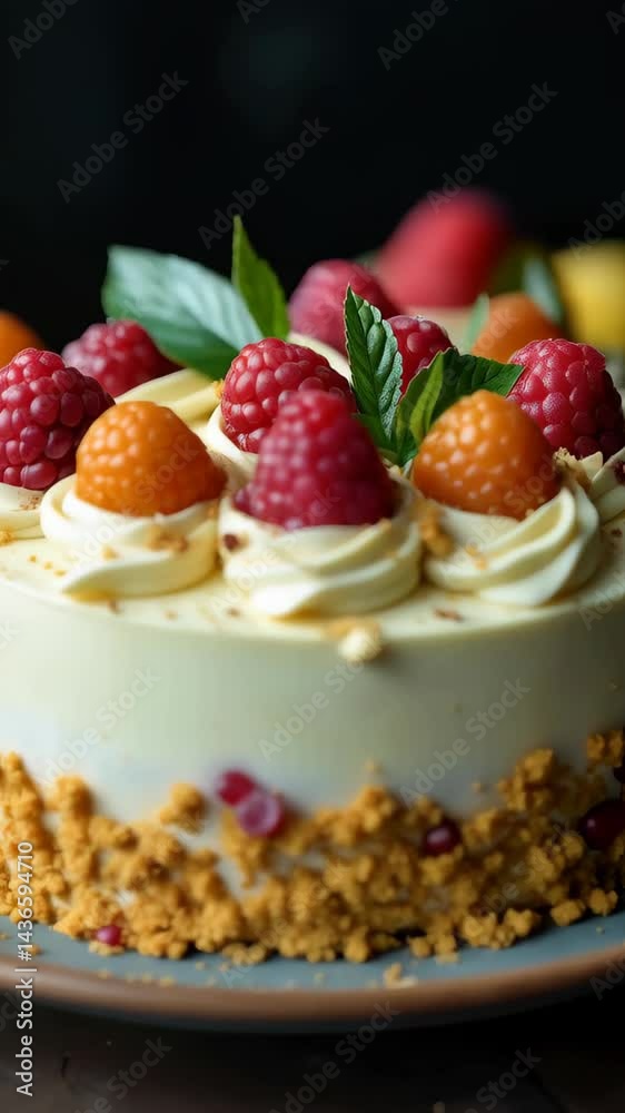 Delight in a beautifully decorated birthday cake topped with fresh raspberries and cream, perfect for a joyful celebration Delight in a beautifully decorated birthday cake topped with fresh raspberries and cream, perfect for a joyful celebration