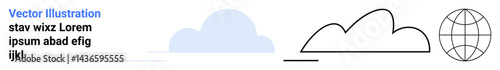Cloud elements with minimal design style and outlined globe emphasizing connection, technology, and worldwide reach. Ideal for technology, weather, internet, globalization, networking