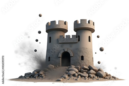 War-damaged castle watchtower with cannonball impacts