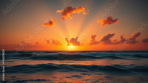 Bright sunset over the ocean with sunlight breaking through the clouds.