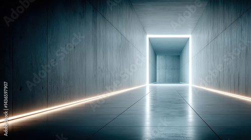 Futuristic corridor featuring neon grids and dynamic shadows in a modern space