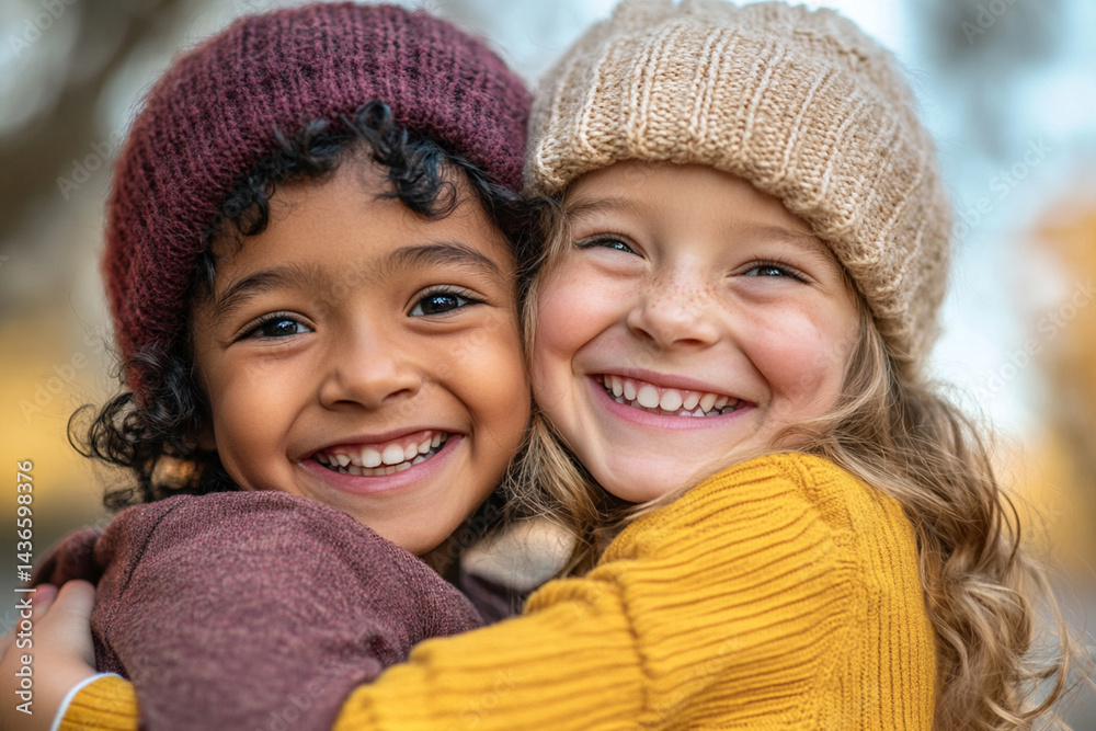 Cute child are friends and smiling, hug and are happy. Unity of peoples Cute child are friends and smiling, hug and are happy. Unity of peoples