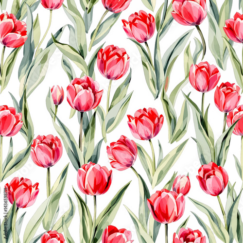 Watercolor beautiful tulips seamless pattern.
