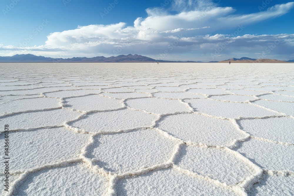 Fototapeta premium Lone traveler walking on vast salt flats with sky reflection