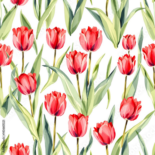Watercolor beautiful tulips seamless pattern.
