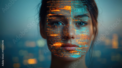 Half a face reveals a stunning contrast of realism and abstract digital data streams