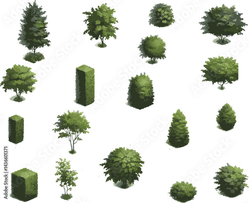 Vector watercolor green tree or forest side view isolated on white background for landscape and architecture drawing,elements for environment or garden,botanical element for exterior section in spring