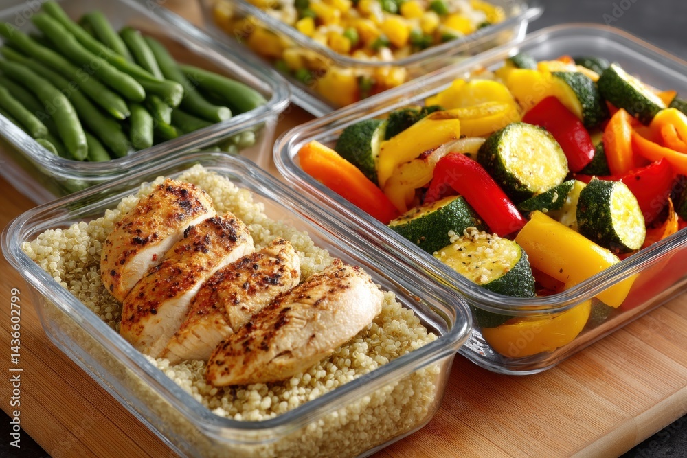 Healthy meal prep on a kitchen counter: grilled chicken, quinoa, and colorful vegetables in containers